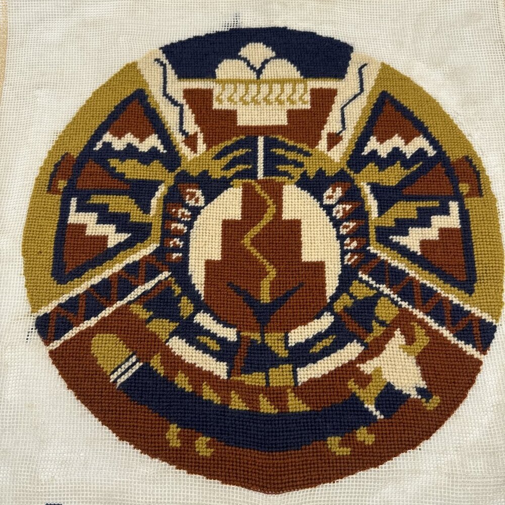 Vintage Boho Southwest Earthy Geometric Style Round Needlepoint Unframed Pillow
